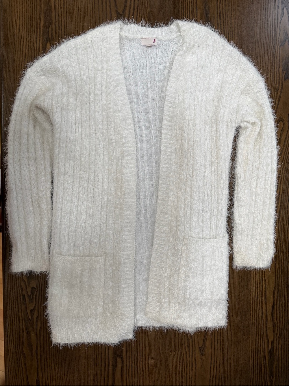 SO Cream Fuzzy Open-Front Ribbed Cardigan with Pockets